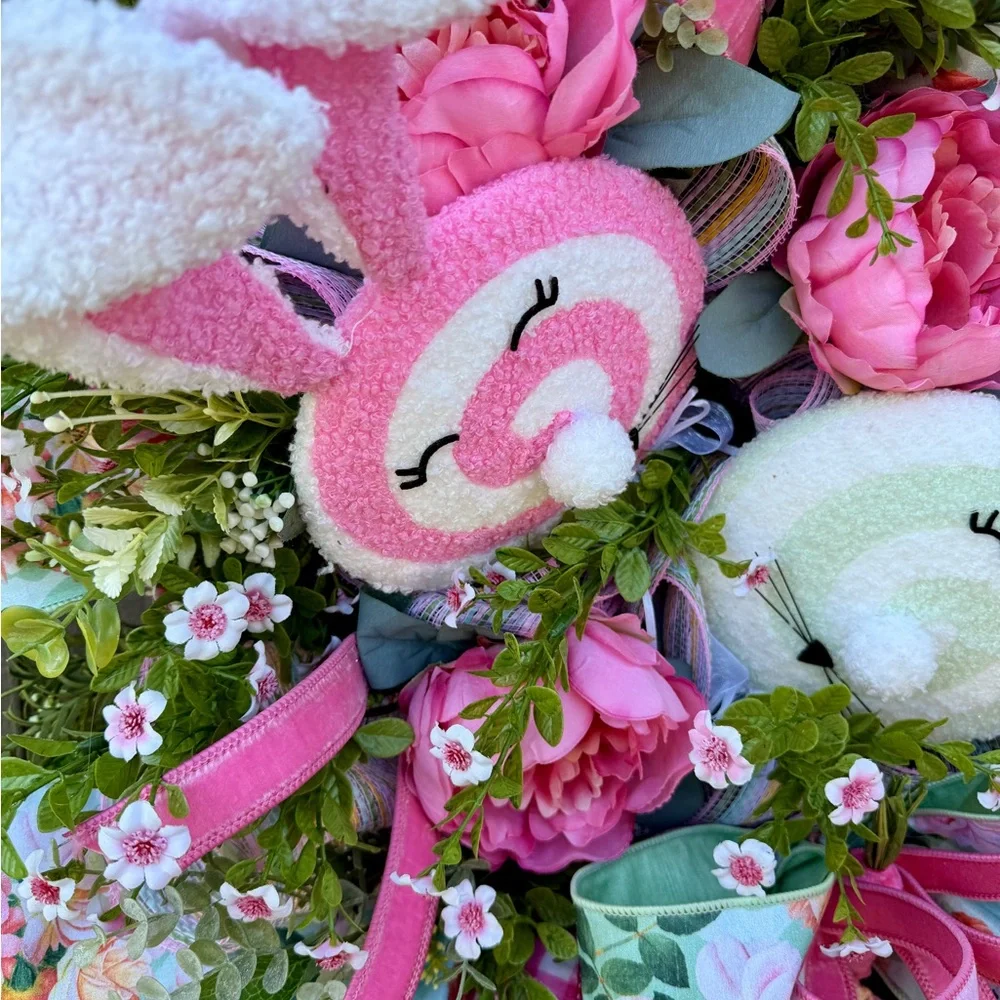 Floral Easter Bunny Wreath with Pink Accents